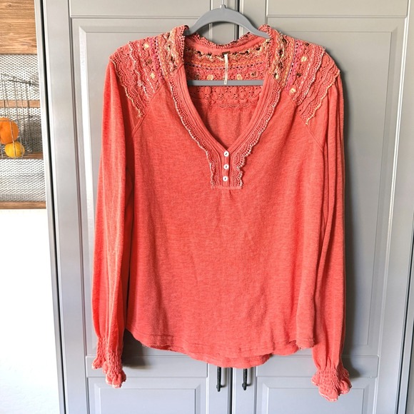 Free People Siesta Fiesta Embroidered Crochet Peasant Top, Orange, S - Picture 2 of 12